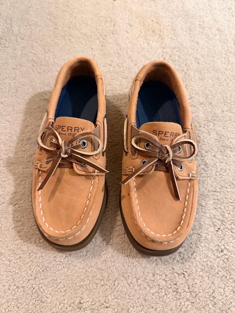Sperry Tan Leather 2-Eye Boat Shoes with Navy Insoles